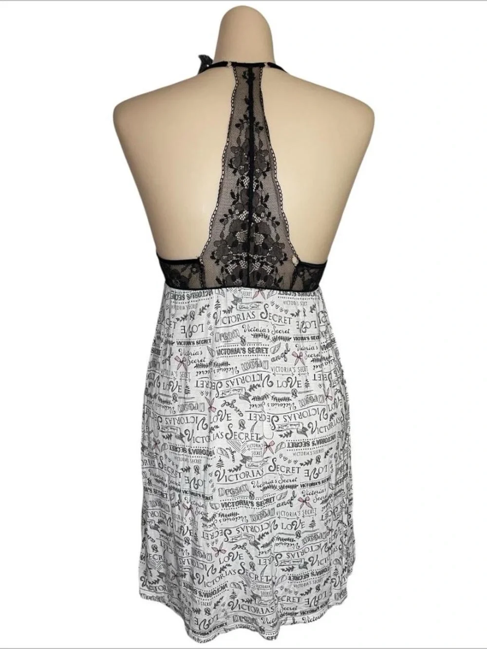 Victoria’s Secret black & white chemise with black lace and pink bow details